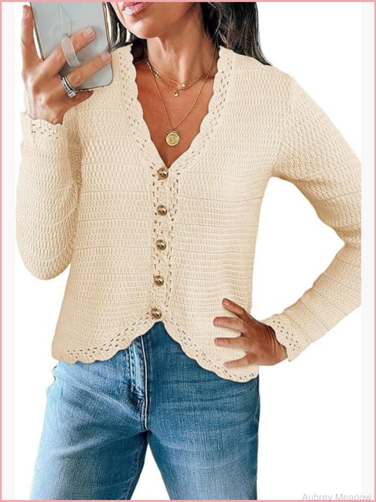 V Neck Cardigan Sweater Button Up Cropped Boho Knit Long Sleeve Loose Trendy Top